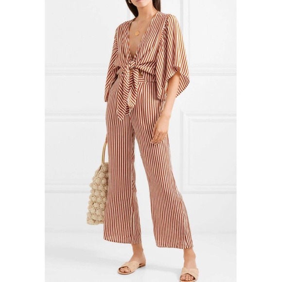 Faithfull the Brand Pants - Faithfull The Brand Jumpsuit Size M US‎ 6 Striped Tie Front Wide Leg Brown White
